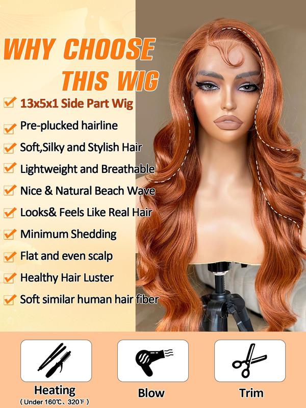 24 Inch Orange Long Wavy Lace Front Pre Plucked Wigs for Women, Gorgeous Fluffy Wigs without Bangs, Synthetic Wigs with Baby Hair for Party, Daily Use Glueless