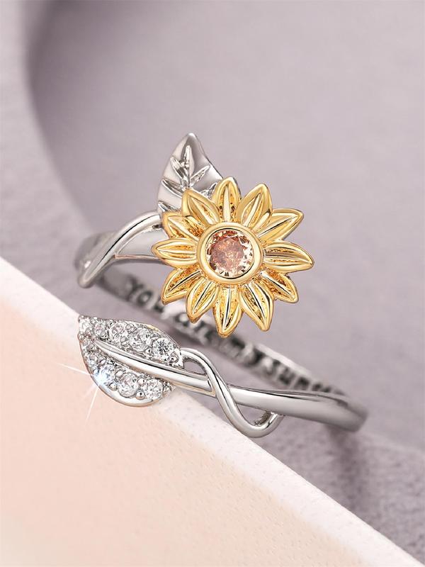 Sunflower Design Rhinestone Decorated Ring, Elegant Flower Design Ring for Women, Fashion Jewelry Accessories for Party, Daily Clothing Decor