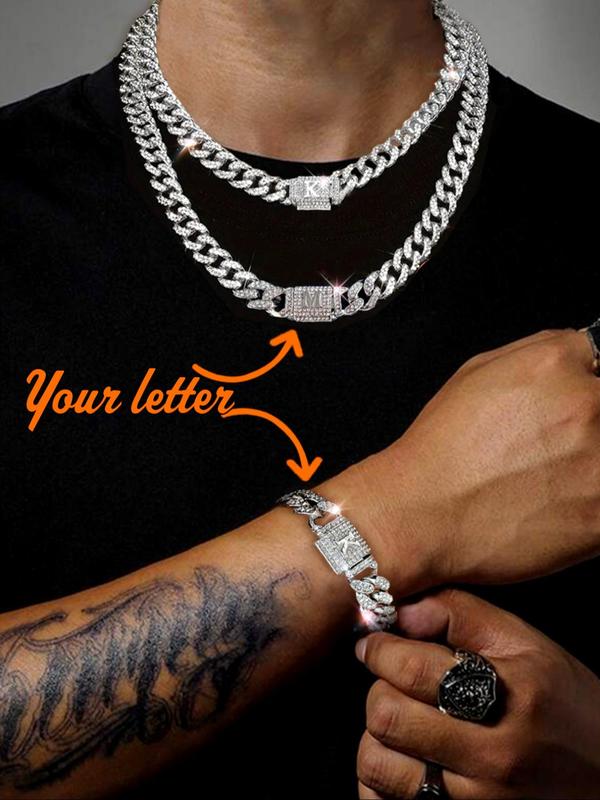 Rhinestone Decorated Cuban Link Necklace & Bracelet (2pcs set), Hip Hop Fashion Jewelry for Party, Daily Clothing Decor for Men & Women, Trendy All-match & Exquisite Jewelry for Birthday Gift