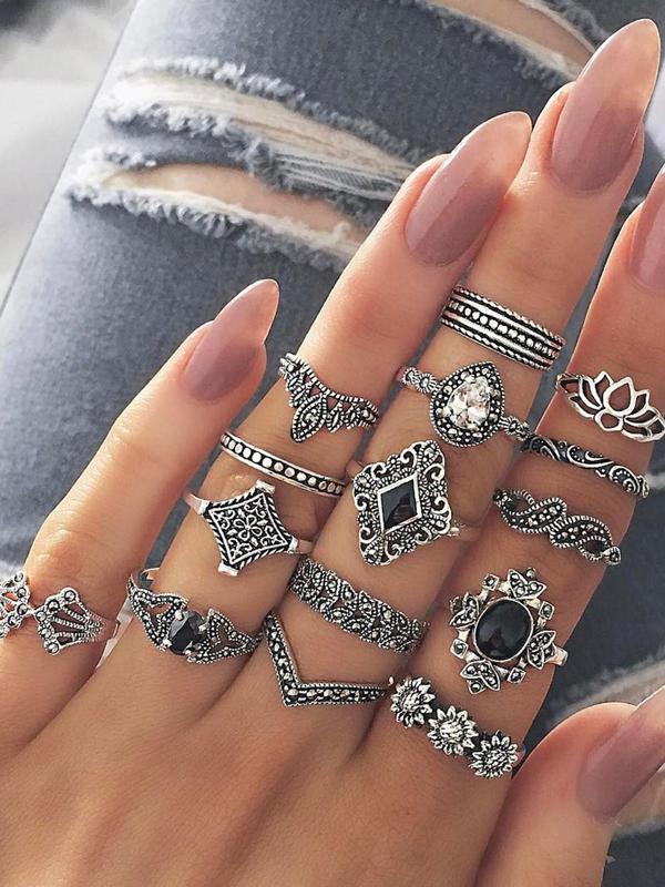 Boho Style Rhinestone Decorated Mixed Shaped Rings (15pcs), Fashion Accessories for Women & Men, Style Fashion Ring for Party, Daily Clothing Decor, Trendy Jewelry for Birthday Gift