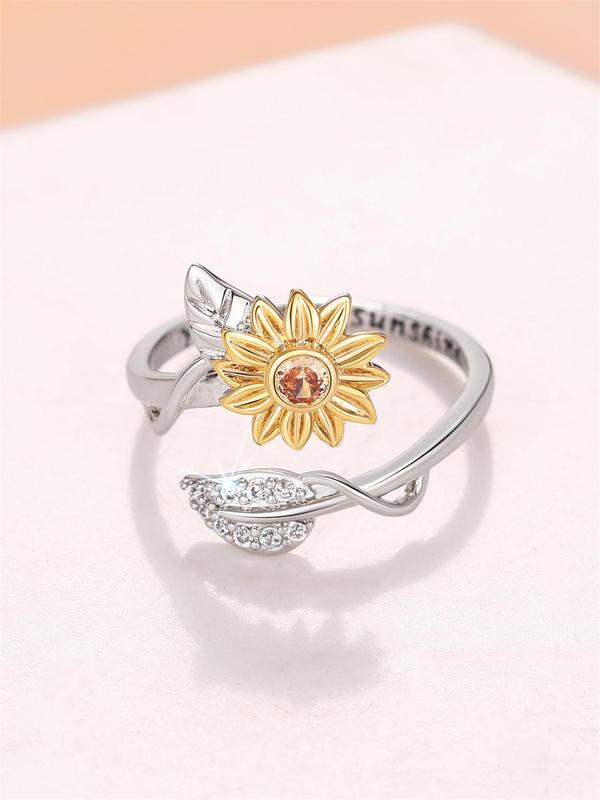 Sunflower Design Rhinestone Decorated Ring, Elegant Flower Design Ring for Women, Fashion Jewelry Accessories for Party, Daily Clothing Decor