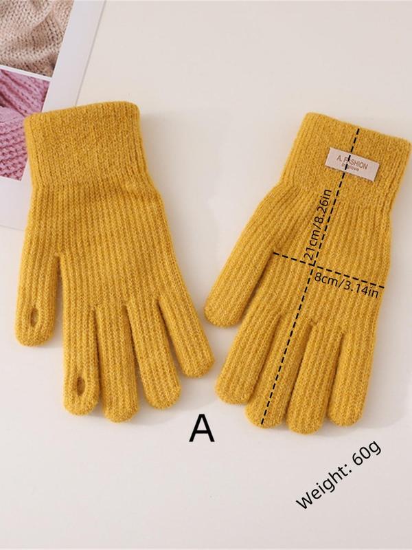 Women's Solid Color Label Patched Design Full Finger Gloves, Casual Soft Comfortable Warm Gloves for Fall & Winter, Fashion Accessories for Women & Girls