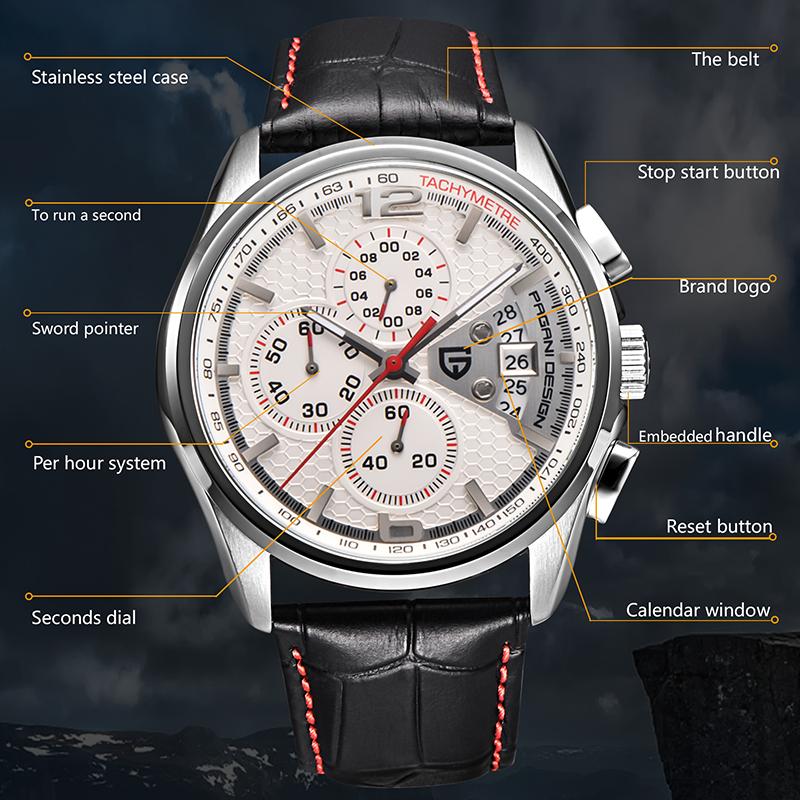 PAGANI DESIGN Mens Chronograph Sport Leather Watches Stainless Steel Luxury Brand Quartz Watch Waterproof relogio masculino