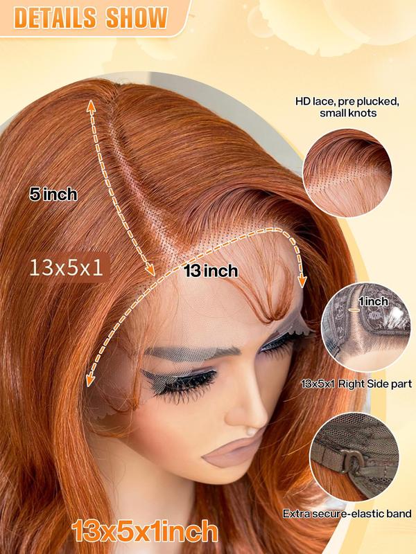 24 Inch Orange Long Wavy Lace Front Pre Plucked Wigs for Women, Gorgeous Fluffy Wigs without Bangs, Synthetic Wigs with Baby Hair for Party, Daily Use Glueless