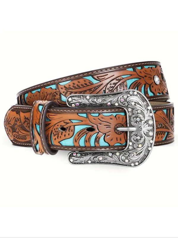 Boho Style Leaf Embossed Western Belt, 2024 New Style Fashionable Adjustable Pu Buckle Belt for Women, Casual Cowgirl Waistband for Jeans Trousers