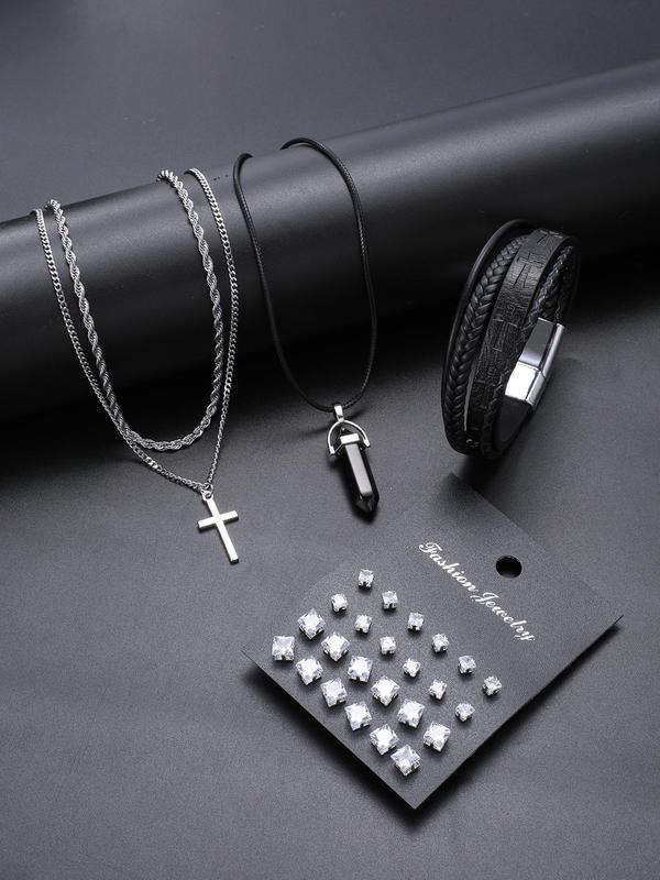 Men's Punk Style Rhinestone Decor Jewelry Set, 28pcs Fashion Cross Pendant Necklaces & Bracelet & Stud Earrings, Trendy All-match Hip Hop  Jewelry for Birthday Gift