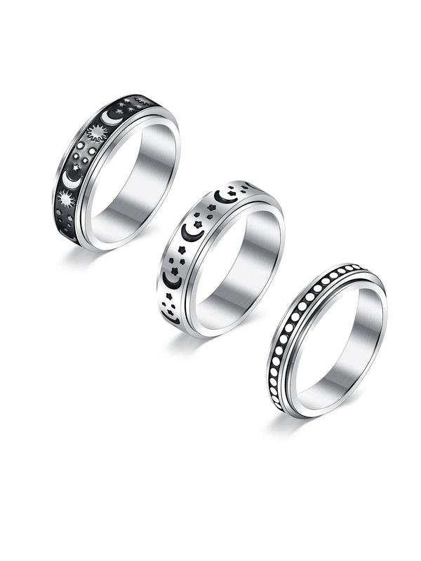 3pcs set Simple Star & Moon Design Stainless Steel Rings, Rotating Decompression Rings for Both Men & Women, Elegant All-match Fashion Accessories for Daily & Party Decoration