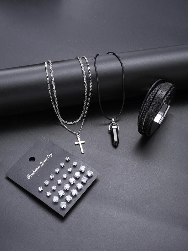 Men's Punk Style Rhinestone Decor Jewelry Set, 28pcs Fashion Cross Pendant Necklaces & Bracelet & Stud Earrings, Trendy All-match Hip Hop  Jewelry for Birthday Gift