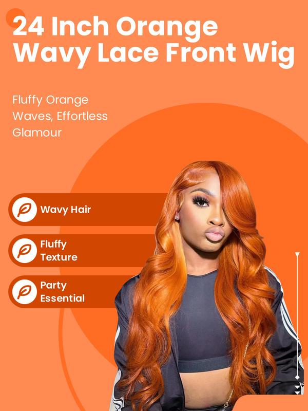 24 Inch Orange Long Wavy Lace Front Pre Plucked Wigs for Women, Gorgeous Fluffy Wigs without Bangs, Synthetic Wigs with Baby Hair for Party, Daily Use Glueless