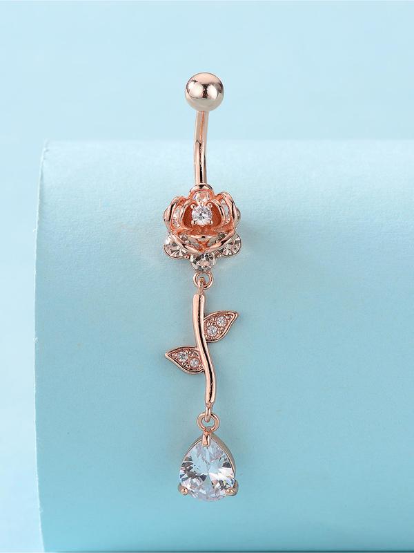 Women's Elegant Rhinestone Rose Design Belly Button Ring, Trendy Exquisite Belly Piercing Ring, Fashionable Body Jewelry for Crop Top Decor