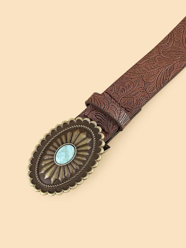 Floral Pattern PU Leather Belt, Fashion Solid Color Buckle Decorative Belt for Women, Floral Design Jeans Skirts Decoration Belt