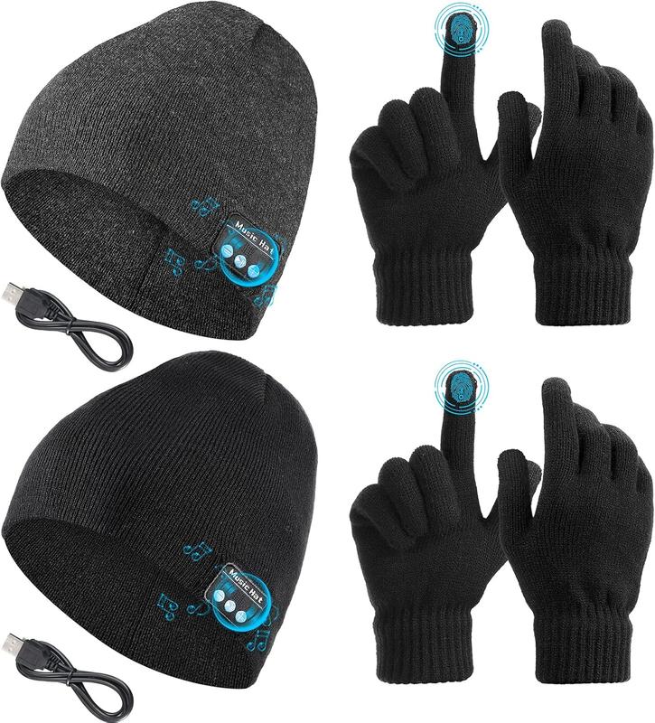 4 count Bluetooth Beanie Hat for Men Winter Wireless Music LED Light Hat with Gloves for Men Women Sports Gifts