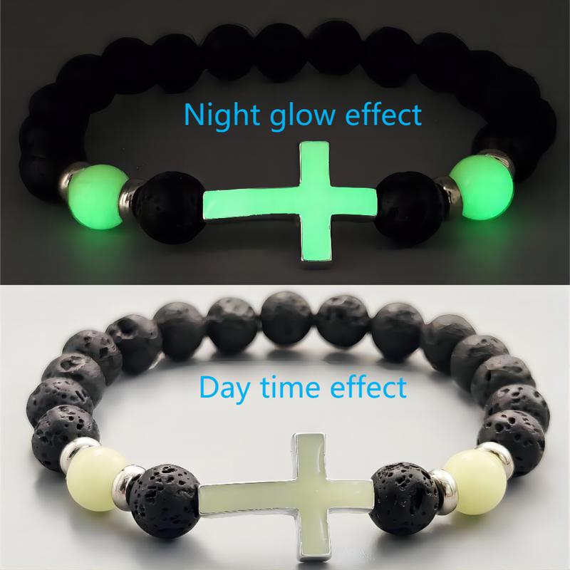 Men's glow in the dark cross bracelet, vintage volcanic stone elastic beaded bracelet for men and women