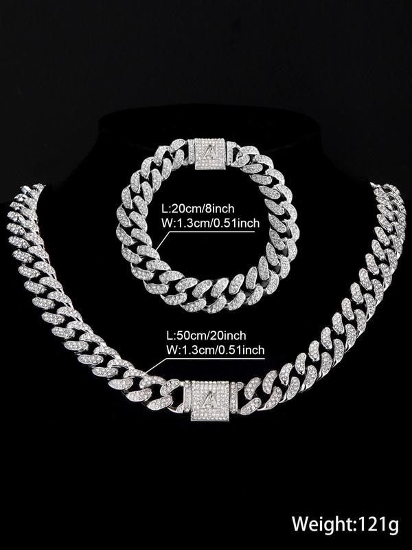 Rhinestone Decorated Cuban Link Necklace & Bracelet (2pcs set), Hip Hop Fashion Jewelry for Party, Daily Clothing Decor for Men & Women, Trendy All-match & Exquisite Jewelry for Birthday Gift