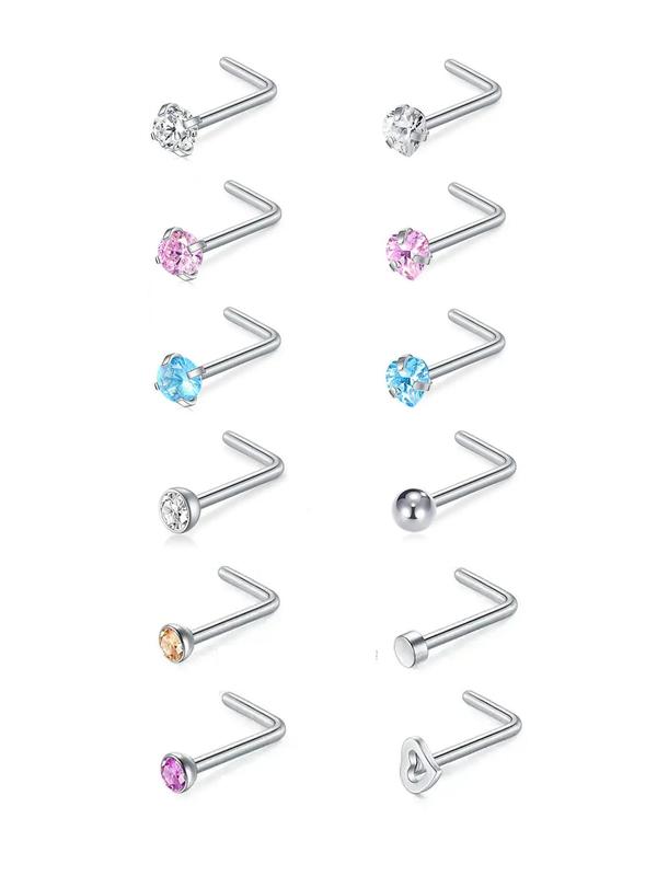 12pcs set Rhinestone Decor Nose Studs, Stainless Steel Nose Rings, Fashion Body Jewelry for Women & Men