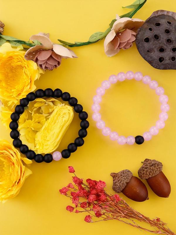 2pcs set Fashion Colorblock Beaded Bracelet, Casual Simple Glass Beaded Bracelet for Women & Men, Fashion Accessories