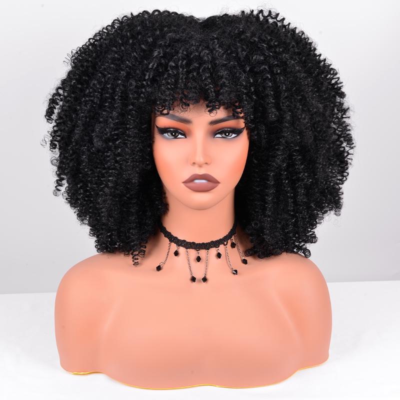 Afro Curly Wig with Bangs for Black Women 12 Inches Synthetic Afro Wigs for Daily Party Use about 280g Piece Soft and Bouncy Full Machine Made Heat Resistant Wigs Black Short Kinky Curly Wigs Role Playing, Disco and Halloween Parties