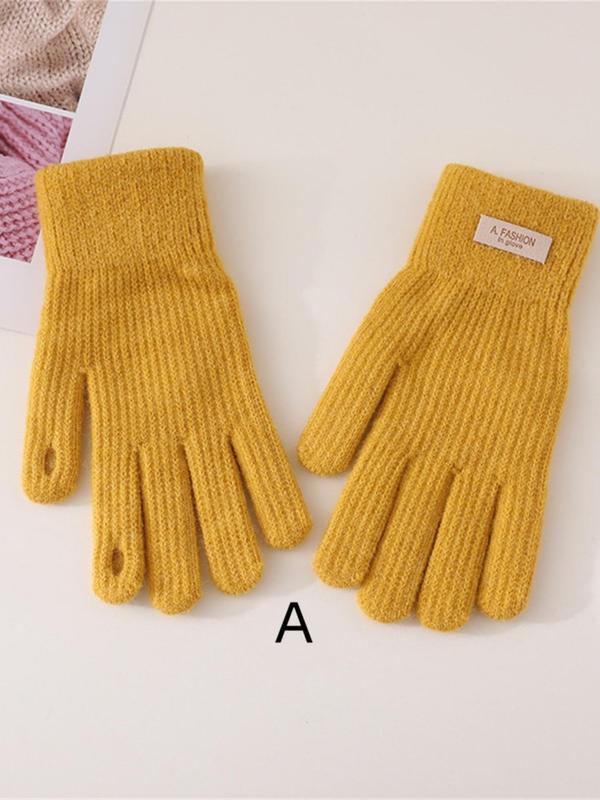 Women's Solid Color Label Patched Design Full Finger Gloves, Casual Soft Comfortable Warm Gloves for Fall & Winter, Fashion Accessories for Women & Girls