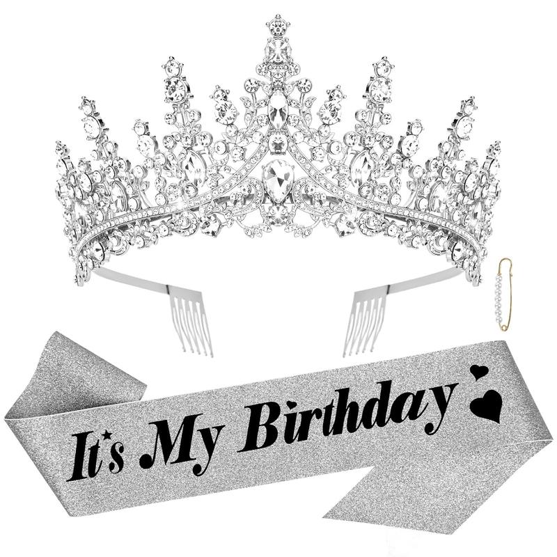 Birthday Sash and Crown Silver Birthday Sash for Women Birthday Crown Adult Women Glitters Its My Birthday Sash Birthday Tiara.