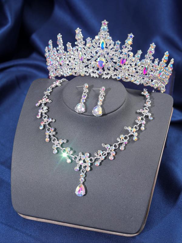 Rhinestone Decorated Bridal Crown & Necklace & Dangle Earrings, Artificial Gemstone Decor Bridal Jewelry Set, Wedding Engagement Bridesmaid Costume Dress Prom Jewelry Set