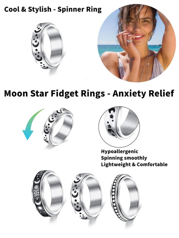 3pcs set Simple Star & Moon Design Stainless Steel Rings, Rotating Decompression Rings for Both Men & Women, Elegant All-match Fashion Accessories for Daily & Party Decoration