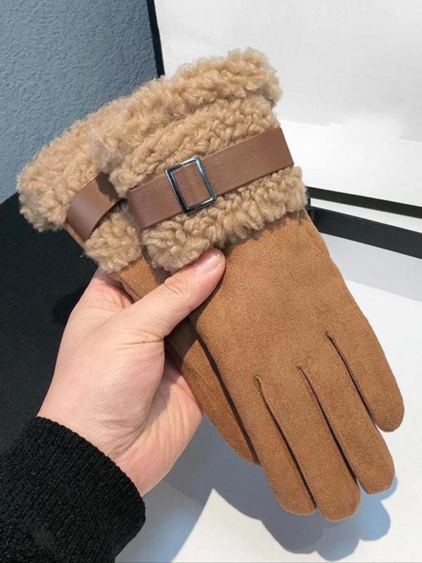 Women's Solid Color Belted Design Faux Fur Lined Gloves, Casual Trendy Warm Full Finger Gloves for Outdoor Cycling, Fashionable Gloves for Fall & Winter