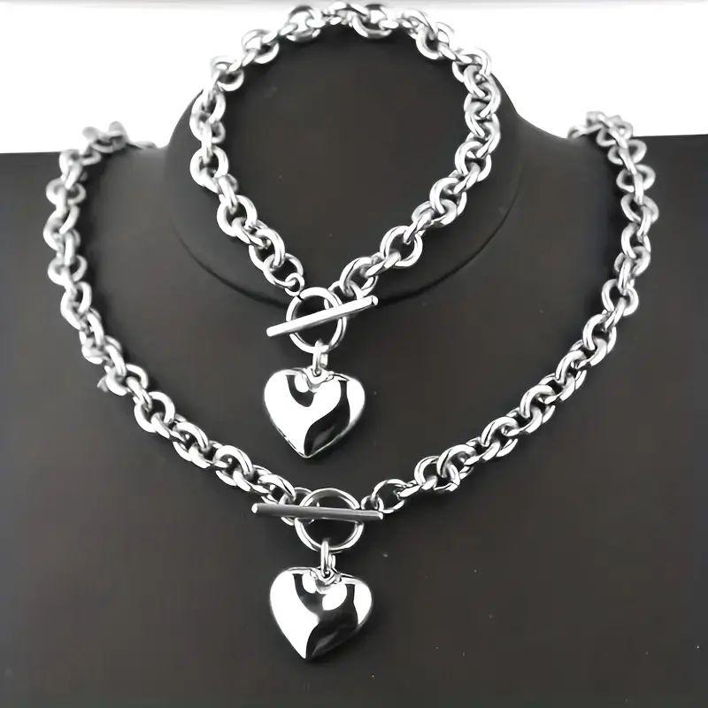 Stunning Heart-Shaped Pendant Stainless Steel Jewelry Set，1pcs 20in & 1 pcs 8in