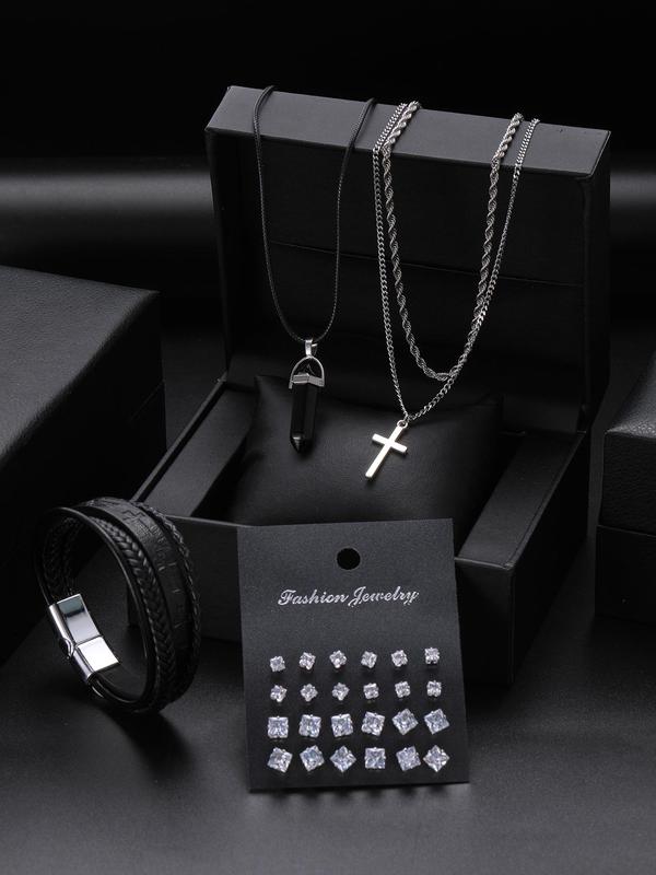 Men's Punk Style Rhinestone Decor Jewelry Set, 28pcs Fashion Cross Pendant Necklaces & Bracelet & Stud Earrings, Trendy All-match Hip Hop  Jewelry for Birthday Gift