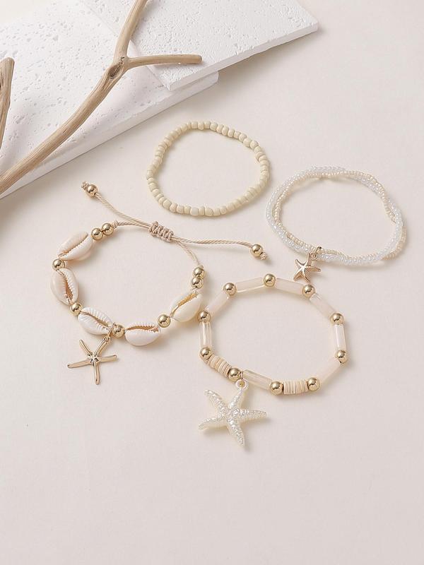 Boho Style Beaded Bracelets, 4 Counts set Shell & Starfish Design Bracelets for Women & Girls for Party, Daily Decor, Trendy All-match & Exquisite Jewelry for Birthday Gift