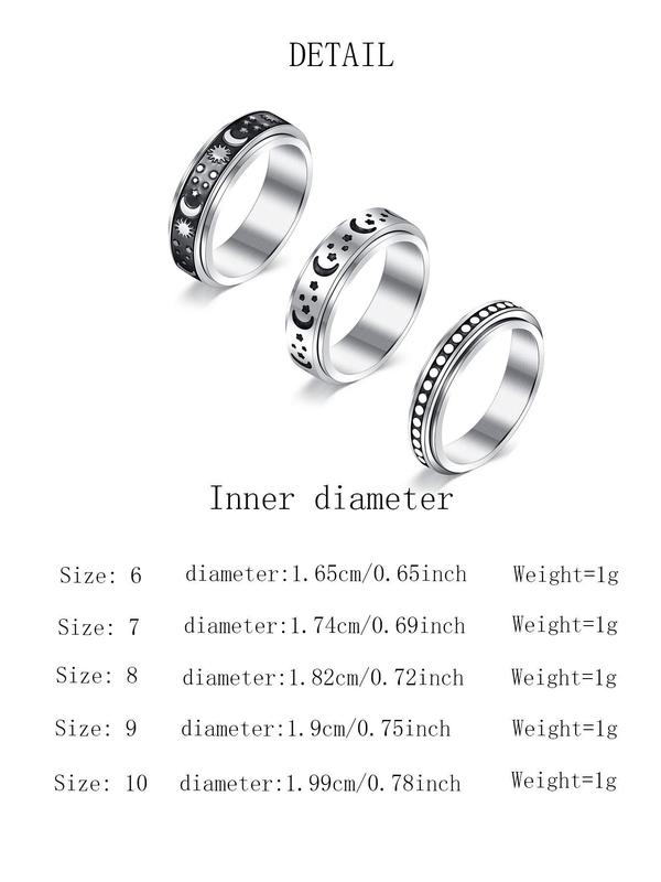 3pcs set Simple Star & Moon Design Stainless Steel Rings, Rotating Decompression Rings for Both Men & Women, Elegant All-match Fashion Accessories for Daily & Party Decoration