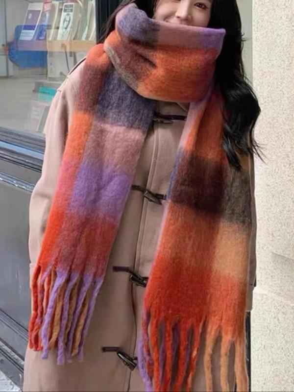 Women's Colorblock Print Tassel Decor Scarf, Casual Soft Warm Shawl for Fall & Winter, Fashion Accessories for Women & Girls