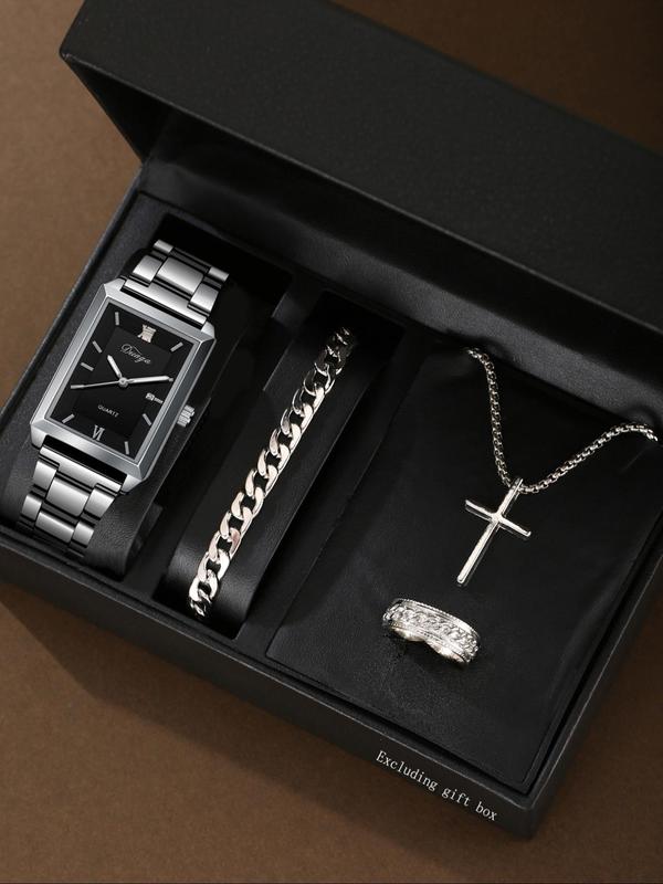 Men's Business Fashion Watch & Jewelry Set, Including Rectangle Dial Quartz Watch & Chain Bracelet & Pendant Necklace & Ring, Trendy Watch Set for Men