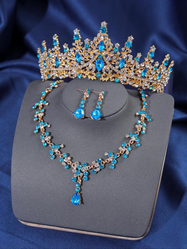 Rhinestone Decorated Bridal Crown & Necklace & Dangle Earrings, Artificial Gemstone Decor Bridal Jewelry Set, Wedding Engagement Bridesmaid Costume Dress Prom Jewelry Set