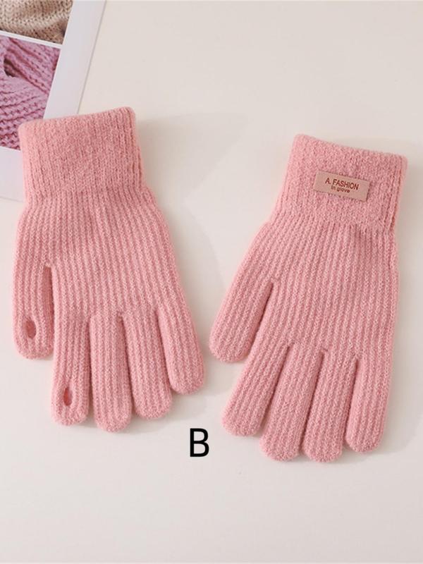 Women's Solid Color Label Patched Design Full Finger Gloves, Casual Soft Comfortable Warm Gloves for Fall & Winter, Fashion Accessories for Women & Girls