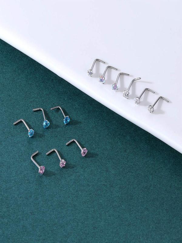 12pcs set Rhinestone Decor Nose Studs, Stainless Steel Nose Rings, Fashion Body Jewelry for Women & Men