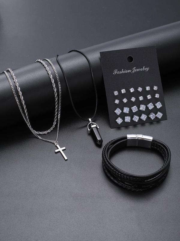 Men's Punk Style Rhinestone Decor Jewelry Set, 28pcs Fashion Cross Pendant Necklaces & Bracelet & Stud Earrings, Trendy All-match Hip Hop  Jewelry for Birthday Gift