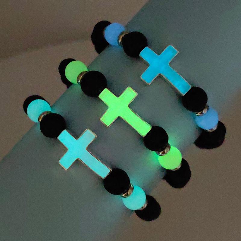 Men's glow in the dark cross bracelet, vintage volcanic stone elastic beaded bracelet for men and women