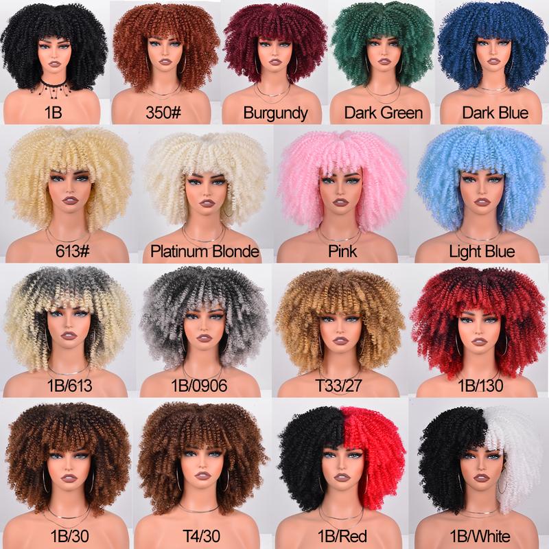 Afro Curly Wig with Bangs for Black Women 12 Inches Synthetic Afro Wigs for Daily Party Use about 280g Piece Soft and Bouncy Full Machine Made Heat Resistant Wigs Black Short Kinky Curly Wigs Role Playing, Disco and Halloween Parties