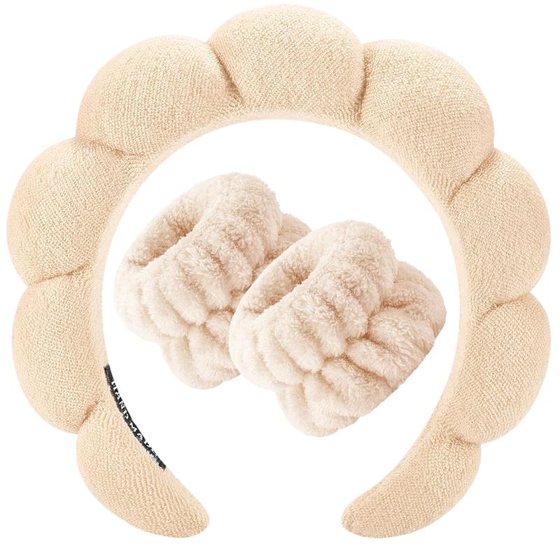 Spa Headband for Washing Face Wristband Sponge Makeup Skincare Headband Terry Cloth Bubble Soft Get Ready Hairband for Women Girl Puffy Padded Headwear Non Slip Thick Hair Accessory