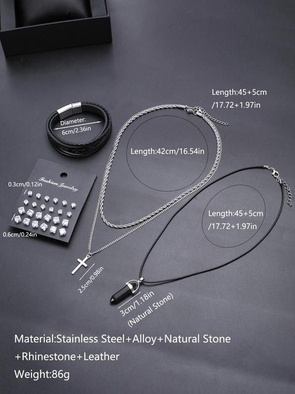 Men's Punk Style Rhinestone Decor Jewelry Set, 28pcs Fashion Cross Pendant Necklaces & Bracelet & Stud Earrings, Trendy All-match Hip Hop  Jewelry for Birthday Gift