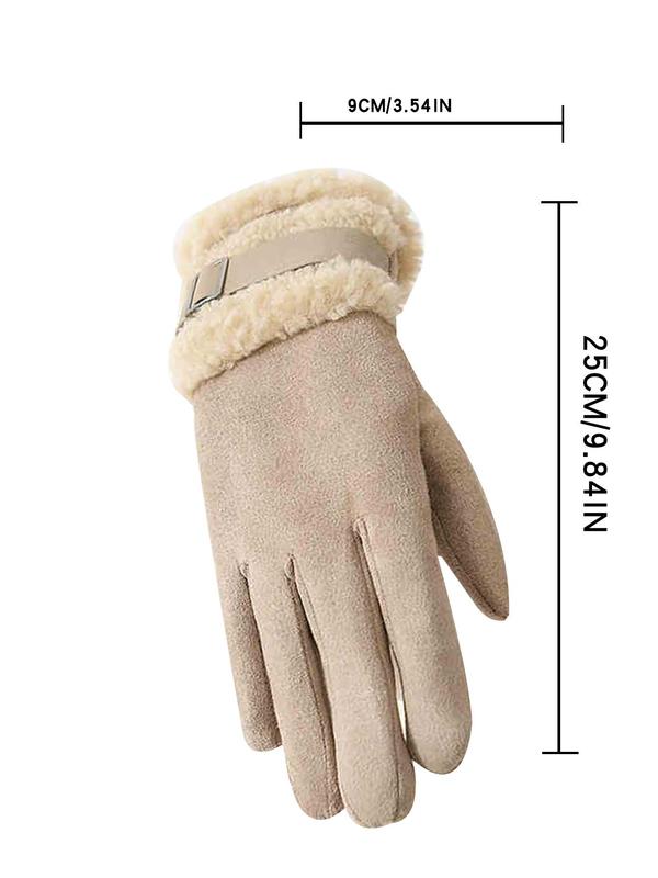 Women's Solid Color Belted Design Faux Fur Lined Gloves, Casual Trendy Warm Full Finger Gloves for Outdoor Cycling, Fashionable Gloves for Fall & Winter