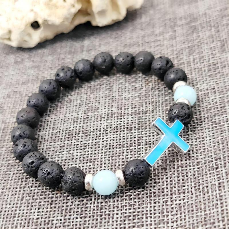 Men's glow in the dark cross bracelet, vintage volcanic stone elastic beaded bracelet for men and women