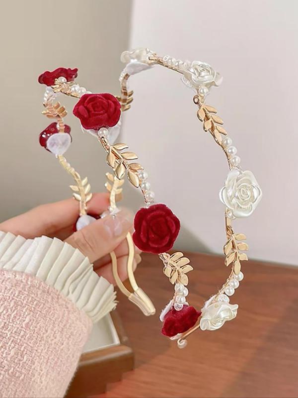 Women's Elegant Faux Pearl Decorated Hair Hoop (2pcs), Exquisite Trendy Flower & Leaf Design Hair Hoop, Fashionable Hair Accessories for Women & Girls