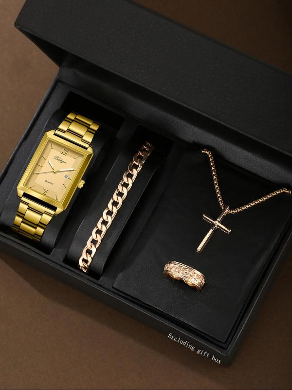 Men's Business Fashion Watch & Jewelry Set, Including Rectangle Dial Quartz Watch & Chain Bracelet & Pendant Necklace & Ring, Trendy Watch Set for Men