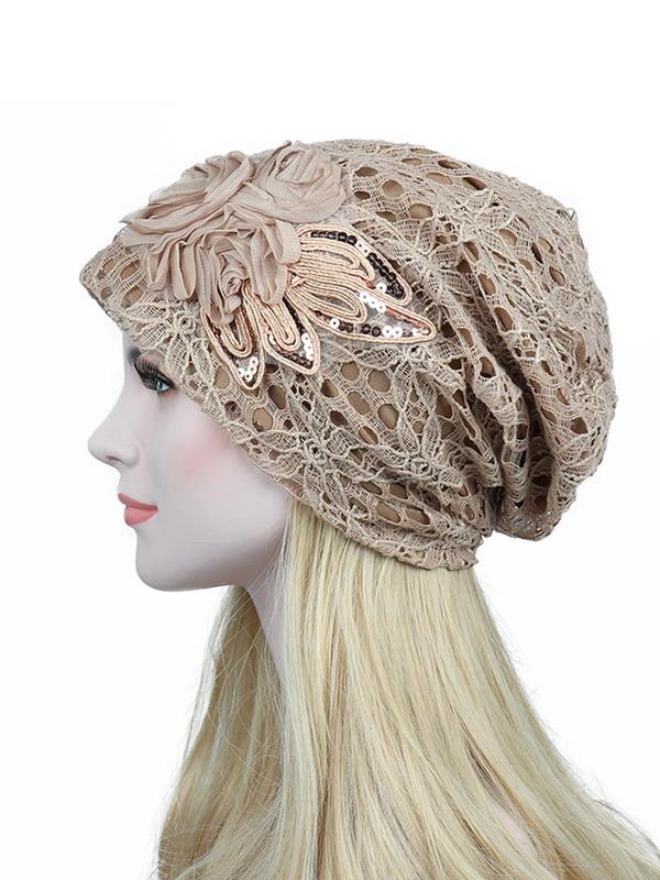 Women's Contrast Lace & Sequin Design Beanie Hat, Casual Trendy Flower Decor Beanie Hat, Fashionable Hat For Women & Girls