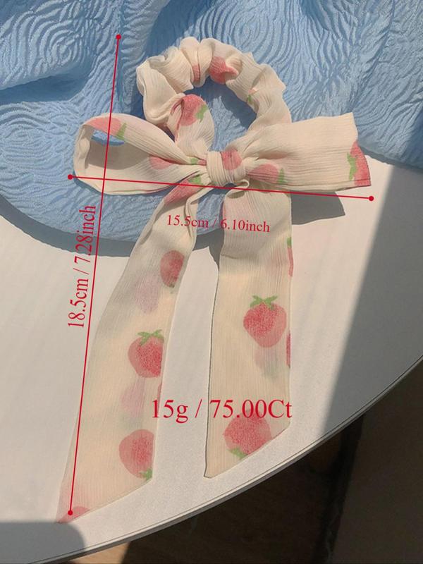 Strawberry Print Bow Design Scrunchie, Cute Ruched Design Hair Accessories for Women & Girls, Minimalist Headwear Suitable for Thick Hair, Fashion Hair Accessories for Party