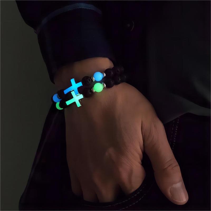 Men's glow in the dark cross bracelet, vintage volcanic stone elastic beaded bracelet for men and women