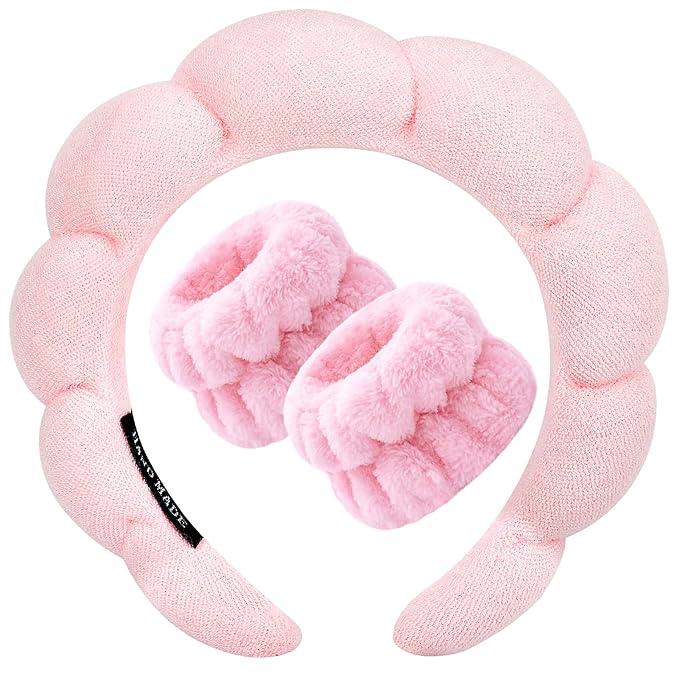 Spa Headband for Washing Face Wristband Sponge Makeup Skincare Headband Terry Cloth Bubble Soft Get Ready Hairband for Women Girl Puffy Padded Headwear Non Slip Thick Hair Accessory