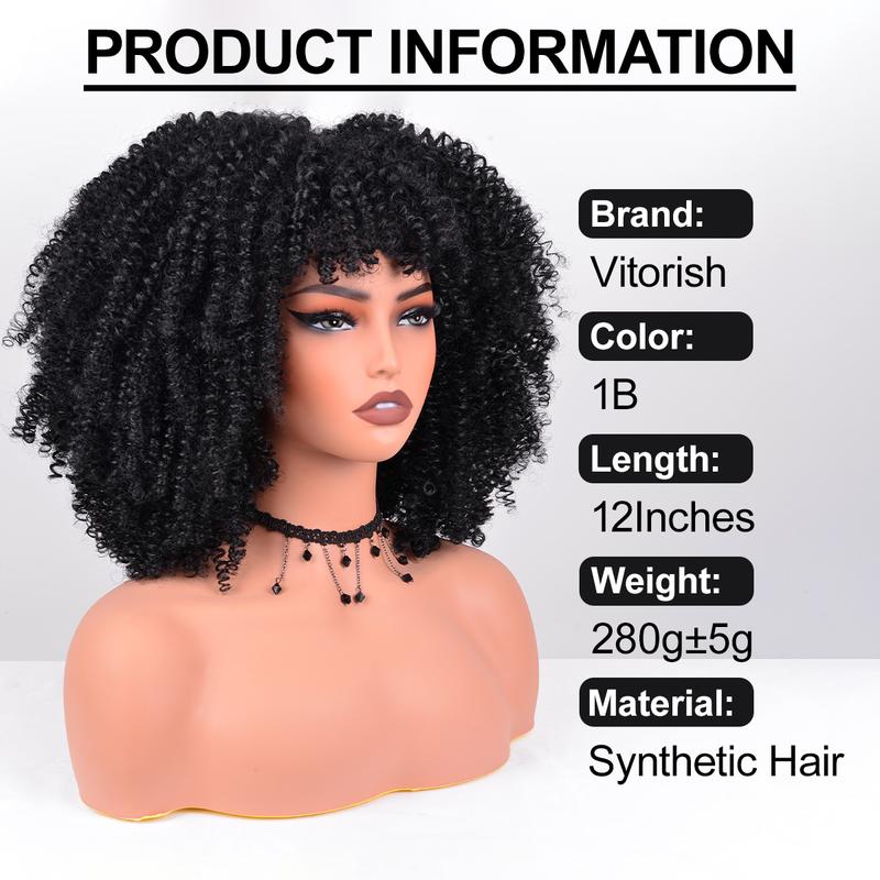 Afro Curly Wig with Bangs for Black Women 12 Inches Synthetic Afro Wigs for Daily Party Use about 280g Piece Soft and Bouncy Full Machine Made Heat Resistant Wigs Black Short Kinky Curly Wigs Role Playing, Disco and Halloween Parties