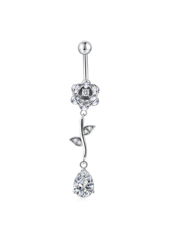 Women's Elegant Rhinestone Rose Design Belly Button Ring, Trendy Exquisite Belly Piercing Ring, Fashionable Body Jewelry for Crop Top Decor